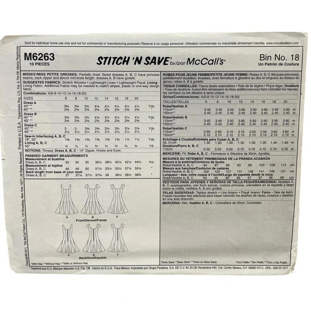 McCalls M6263 Misses Petite Dress Sewing Pattern Size 6-20 Easy UNCUT FF